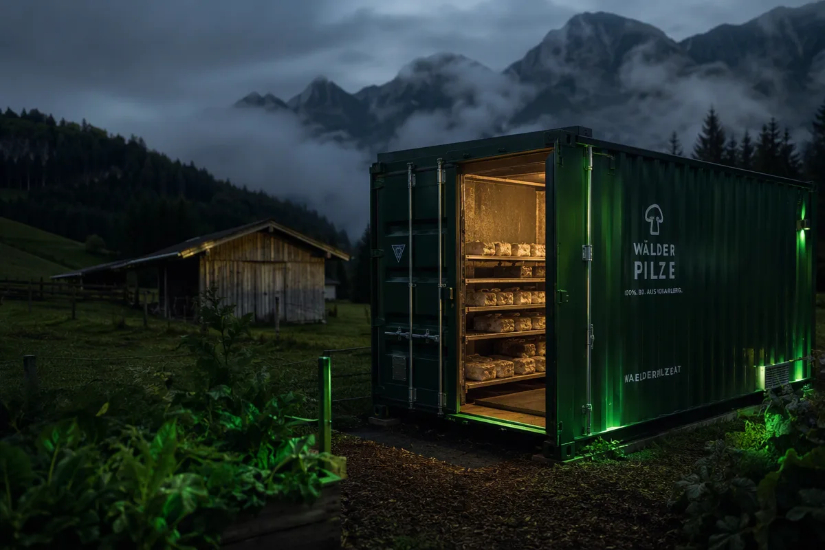 Pilzanbau-Container mit grüner Beleuchtung auf einem Biohof in den Alpen